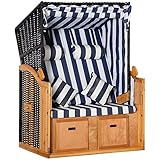 Outsunny Strandkorb Doppelte Sonnenliege mit Dach Doppelliege mit Getränkehaltern Chaiselongue 5-stufige Rückenlehne PE-Rattan Blau+Weiß 118 x 79 x 160 cm