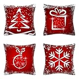 Kissenbezüge Kissenhülle Leinen Kissenbezug Weihnachten Weiß Bäume 4er-Set Beidseitiger Kissenbezüge Dekokissen Couchkissen mit Verdecktem Zip Sofakissen für Schlafzimmer Wohnzimmer Balkon 35x35cm