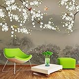 Fototapete 3D Effekt Gipfel Äste Vögel Blumen Tapeten Vliestapete Wohnzimmer Wandbilder Wanddeko