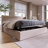 AMDXD Stauraumbett Polsterbett Hydraulisch Doppelbett 160x200cm, Lattenrost aus Holz, Bett mit Lattenrost aus Metallrahmen, Leinen, Beige