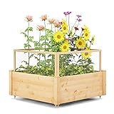 COSTWAY Hochbeet mit Zaun, Pflanzkasten aus Holz mit 4-seitigem Schutzzaun und 9 Pflanzflächen, Blumenkasten für Gemüse, Obst, Kräutern, 107 x 107 x 70 cm