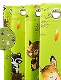 Tinolupy® [2 Stück Blickdichter Vorhang Kinderzimmer 180x132cm (HxB), Gardinen für Jungen und Mädchen in Grün mit Waldtieren, Ösen und Leichter Verdunklung