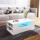 Couchtisch, Couchtisch mit Stauraum, Weiß Glanz Couchtisch mit LED Lichtern, Couchtisch für Wohnzimmer Rechteckiger Mitteltisch mit 2 Schubladen und 6 offenen Regalen, Home Office Möbel