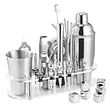 Cocktail-Shaker-Set Barwerkzeuge 26-teiliges Bar-Set 740 ml Martini-Shaker 482 ml Messbecher Rührlöffel Doppelbecher, Likörausgießer, Stößel, Sieb und Eiszange, Barkeeper-Kits mit 6 Whiskey-Steinen