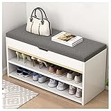 EnixWh Schuhwechselhocker, multifunktionaler Holzhocker, weiche Tasche, Kissen, Aufbewahrungshocker, Haushaltsschuhschrank, Sofahocker, Eingangsbereich, tragender Schuhhocker, 80 x 28 x 43 cm, weiß