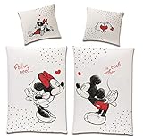 Tex idea Wende-Bettwäsche Set Disney Classic Mickey und Minnie Mouse in Love Größe 135 x 200cm 80 x 80cm 100% Baumwolle Weiss Rot Partner-Bettwäsche (4-TLG)