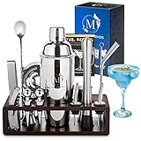 Magic Friends: 20-teilige Edelstahl Cocktail Shaker Set mit dunklem Holzständer und Rezeptbuch - perfektes Barkeeper Zubehör und Geschenkidee'