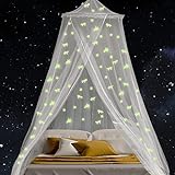Honoson Betthimmel mit Leuchtenden Stern Einhorn Aufklebern Moskitonetz Mückennetz für Einzelbett Himmelbett Vorhang aus Polyester für Baby Kinder Mädchen Bett Zimmer Dekoration