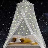 Honoson Betthimmel mit Leuchtenden Stern Einhorn Aufklebern Moskitonetz Mückennetz für Einzelbett Himmelbett Vorhang aus Polyester für Baby Kinder Mädchen Bett Zimmer Dekoration