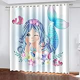 Verdunkelungsvorhang 3D Niedliche Blaue Meerjungfrau Vorhänge Mit Ösen, Blickdicht Gardinen Kinderzimmer Schlafzimmer Wohnzimmer Thermovorhang Für 280x260 Cm Fenstervorhänge Set Mit 2 Platten Druck