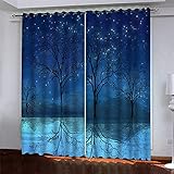 SATUSA Vorhang Blickdicht 3D Blaue Sternenwaldlandschaft Muster Ösenschal 2Er Set 234X230Cm Fenster Gardinen Mit Ösen Verdunkelungsvorhang Wohnzimmer Kinderzimmer Thermovorhang Schallschutz Vorhänge