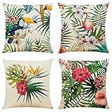 NIULAA 4er Set Kissenbezug 40x40 Tropisch Pflanzen Deko Kissen Leinen Couchkissen Landhaus Kissenbezüge Sommer Wohnzimmer Sofakissen Bunt kissenhülle Outdoor für Loungemöbel