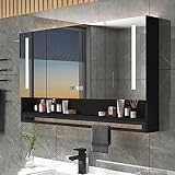 Intelligenter Spiegelschrank Aus Massivem Holz, Wandspiegelkasten For Badezimmer, Zeit- Und Temperaturanzeige, Ein-Knopf-Entfeuchtung, LED-Beleuchtung, (schwarz, Weiß) ( Color : Noir , Size : 90cm )