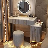EnixWh Schminktisch-Set mit LED-beleuchtetem Spiegel, Seitenschrank und 5 Schubladen, moderner Schminktisch mit Hocker, eleganter Schminktisch im ästhetischen Stil, für Schlafzimmer (Farbe: Grigio,