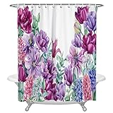 TITINGLUCK Duschvorhang mit Blumen, Tulpen, Eukalyptusblättern, wasserdichter Polyester-Badevorhang, Heimdekoration, Badezimmerzubehör, Vorhang, 180 x 152 cm (B x H)