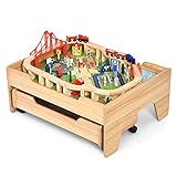 COSTWAY 100 teiliges Kindereisenbahn Set Holz, Kinder Spieltisch mit Schublade und abschließbaren Rädern, Zug Holzeisenbahn Set ab 3 Jahren