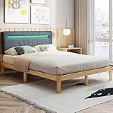 Merax Holzbett 140 x 200 cm, Massivholz Doppelbett mit Polster Kopfteil und LED, Landhausstil Bettgestell, Kinderbett Jugendbett Gästebett, Futonbett Rahmen aus Kiefernholz, Nur Bettgestel, Natur