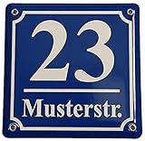 Hausnummernschild - Format 150 x 150 mm - Hausnummer - Emaille - Keramik - Wetterfest - Türschild. Farben: Blau Grün Anthrazit Dunkelblau Weiß. Zahl und Straßenname nach Wunsch. J.Pfaffenzeller