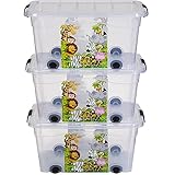 PREMIUM 3er XXL Set Aufbewahrungsbox Organizer mit Deckel und Rollen 40 Liter stapelbar - Spielebox mit Motiv Ideal für Büro, Kinderzimmer, Spielzeugkiste Aufbewahrung (3er Set 40 Liter Dschungel)