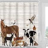 Miyotaa Bauernhof-Duschvorhang-Set, rustikal, 152 x 180 cm, Holz, Scheune, Bauernhaus, Tiere, Pferd, Kuh, Land, Polyester, wasserdichter Stoff, Badezimmer-Vorhang mit 12 Haken