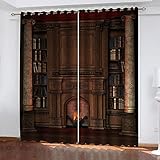 Hundnsney Vorhänge Wohnzimmer Modern Blickdicht 2Er Set 3D Vintage-Bücherregalmuster Muster Schlaufenschal Verdunkelungsvorhang Vorhänge Lärmminderung Gardinen Fensterdekoration 210X220cm(HxB)