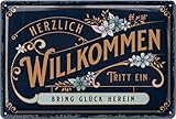 LANOLU Retro Blechschild HERZLICH WILLKOMMEN Schild - willkommen Deko Garten, Schild für Haustür und Eingangstür mit Spruch - Willkommensschild als Türdeko - Türschild, 20x30 cm