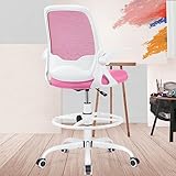 KERDOM Büro-Zeichenstuhl, hoher Büro-Schreibtischstuhl, verstellbare Höhe und Fußleiste, ergonomischer Steh-Schreibtischstuhl, Netz-Rollstuhl für Kunstraum (933Z Pink)