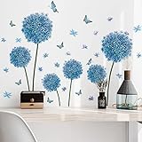 WandSticker4U®- Wandtattoo PUSTEBLUME blau I Wandbilder: 105x69 cm I Wandsticker Blumen Löwenzahn Schmetterlinge I Wand Aufkleber Wohnzimmer Schlafzimmer Kinder-zimmer Küche Deko