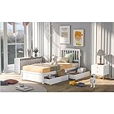 MKEING Einzelbett Massivholz Kiefernbett 90x200 inkl. 2 Schubladen, Kopfteil und Lattenrost Jugendbett Gästebett weiß