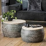 RINGO-Living Wohnzimmertisch Industrie Style rund Guillerma aus Mangoholz - Rustikaler Sofa Tisch rund, Heller Couchtisch rund, Holz Metall Couchtisch, Retro Satztisch 2er Set, Industrial Retro Tisch