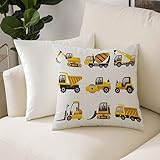 Dekorativen Zierkissenbezüge 50x50 cm,Bau-Illustration des großen Fahrzeug-Muster-Technik-Gebäude-Themas, gelb-we,Kissenbezüge Quadratische Kissenhülle für den Außenbereich Terrasse Garten Bank Dekor