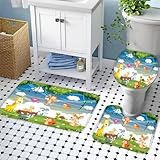 NODIII Badteppich Set 3pc Cartoon-Tiere Badvorleger Groß 50x80 Extra Dick Flauschige Mikrofaser Animation Badezimmer Badematten Ecke,Konturmatte,Wc-Deckelbezug Rund,Rutschfester KlebefläChe