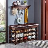 ③-Tier-Schuhregal mit getuftetem Lederkissen, Vintage-Schuhbank aus Holz mit Regal, Schuhaufbewahrungsbank für den Eingangsbereich, braun, 3 Etagen, 70 x 30 x 58 cm (28 x 12 x 23 Zoll)