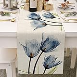 Avoik Tischläufer Sommer Blau Blumen Tischläufer Frühling Modern Wohnzimmer Abstrakt Tischdecke Leinen Tulpen Tischläufer rutschfest Tischband Dekoration für Esszimmer Party Urlaub 33x180cm