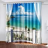 HYFBH 3D-Fenster-Meerblick-Zimmer-Vorhang, Schattierung, natürliche Landschaft, Fenstervorhänge für Wohnzimmer, Schlafzimmer, Voile-Hängevorhang WxH/2x100x270cm vorhänge