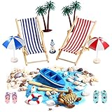 15 Stück Strand-Mikrolandschaft Miniatur Dekoration Mini-Stranddekorationen Miniliegestuhl Strandkorb Sonnenschirm Kleine Palme Deko Accessoires für DIY Zen Garten Dekoration Einzigartiges Geschenk