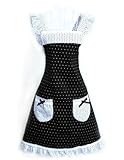 Musuntas Cute Princess Style Dots Muster Falbala Dekor Frauen Küche kochen Schürze mit 2 Bowknot Taschen (schwarz + weiß)