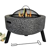 Feuerstelle aus gegossenem Stein, Feuerstelle mit 23'Durchmesser, Holzverbrennung, Funkenschutz aus Mesh-Bildschirm und Hubhaken, große hitzebeständige Feuerschale mit Stahlboden,Schwarz