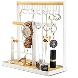 GOJLEX Schmuckständer Schmuckhalter Kettenhalter Weiß Kettenständer Schmuck Ohrringhalter für Ketten Ohrringe Ringe Uhren Accessoires Aufbewahrung Ständer Schmuckbaum Holz Metall Halter Ringen Uhren
