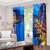 AOKLEY Gardinen Blickdichter Fluss & Stadt 3D Blickdicht Vorhang 2 Set Vorhang Verdunkelung mit Ösen für Schlafzimmer Wohnzimmer Größe:183cm(B) x214cm(H)