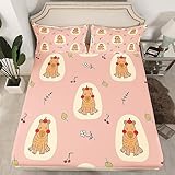 Capybaras Spannbettlaken 160x200x30 für Kleinkinderzimmer Schlafzimmer, Niedliches Braunes Capybara Bett Sätz Cartoon Nagetier Tiere Bettwäsche Lustige Haustier Tier Bettwäsche, Rosa Braun