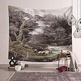 Mesnt Tapisserie Wandbehang, Tapisserien mit Grün Braun Schwarz Wald und PferdeWeichen Stoff Wohnzimmer Schlafzimmer Teppich Picknickdecke Wanddeko, 350x256cm