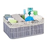 Relaxdays Aufbewahrungskorb, Stoffbezug mit Retro-Print, Bambus, rechteckig, Bad Regalkorb HBT 16,5x38x28,5 cm, grau