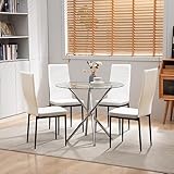 SICOTAS Esstisch-Set mit 4 Stühlen, Esszimmer-Set, Couchtisch mit 4 Metallbeinen und Freischwinger Stühlen aus PU-Leder, modern, weiß, für Esszimmer, Küche, Wohnzimmer, Büro