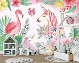 Fototapete 3D Effekt Tapete Rosa Blumen Einhörner Flamingos 3D Tapeten Wandbilder Wohnzimmer Schlafzimmer Kinderzimmer Dekoration Wanddeko
