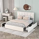 Moimhear Doppelbett 160 x 200cm,Polsterbett Plattform Bett mit Vier Schubladen auf Zwei Seiten,Verstellbares Kopfteil (Beige, 160 x 200cm)