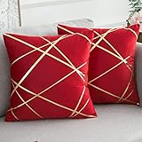 2er Set Rot Samt Kissenbezug 40x40 cm Dekorative Kissen Geometrie Modern Dekokissen Kissenhülle Sofakissen Couchkissen Kissenbezüge Outdoor Zierkissen Bezug für Schlafzimmer Sofa BettWeinrot Sommer