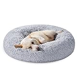 FEANDREA Hundebett flauschig, Katzenbett, Donut Kissen, waschbar, Polsterung in der Mitte herausnehmbar, Langer Plüsch, 80 cm Durchmesser, hellgrau PGW040G01