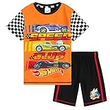 Hot Wheels Schlafanzug Jungen Kurz Kinder Pyjama Set aus Baumwolle Trendige Schlafanzüge für Jungen Kurzarm Shorty Kurzer Schlafanzug Truck Motiv 3-8 Jahre (Orange/Schwarz, 4-5 Jahre)