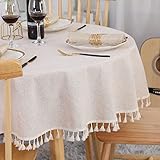 SUCHDECO Beige Tischdecke Rund 150 cm Abwaschbar Leinen Baumwolle Tischtuch Knitterfrei Staubdicht mit Quasten für Küche, Esszimmer, Esstisch, Couchtisch, Gartentisch